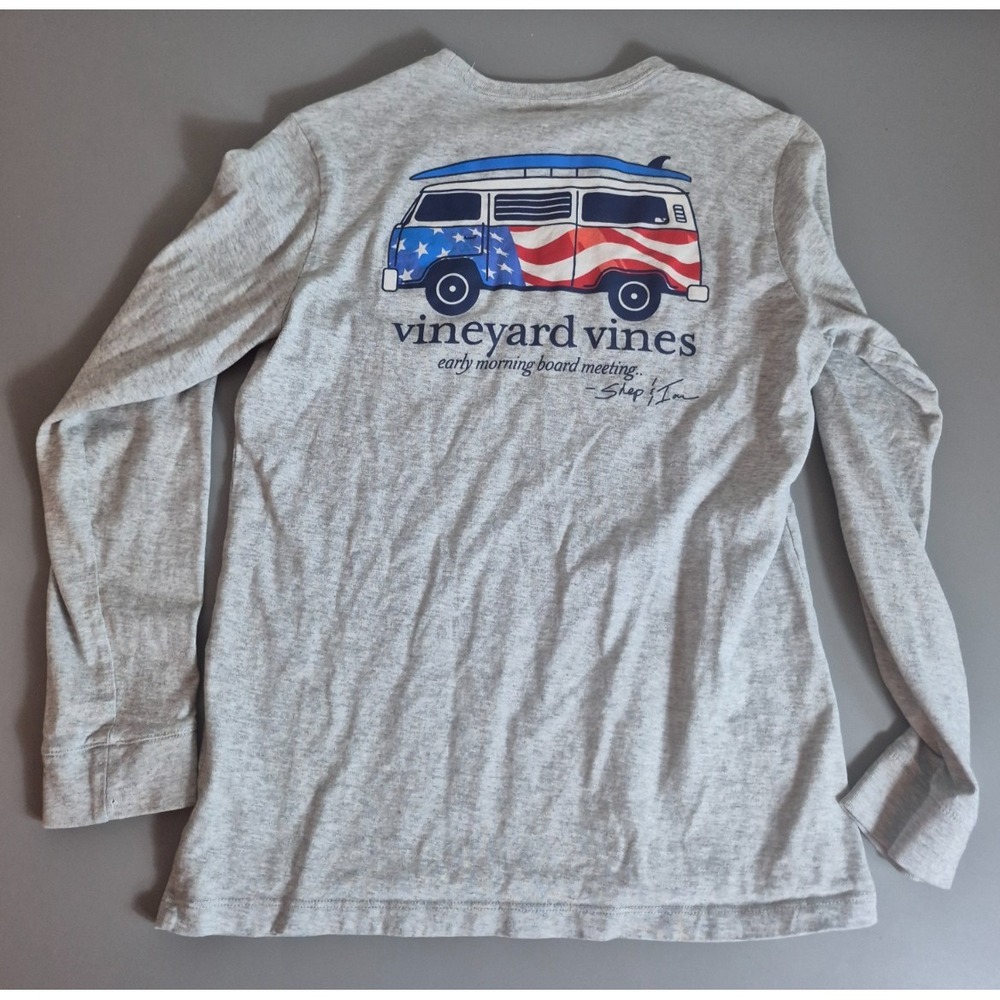 Vineyard Vines Boys Surf Van USA Flag Print Shirt Medium 12/14 Gray